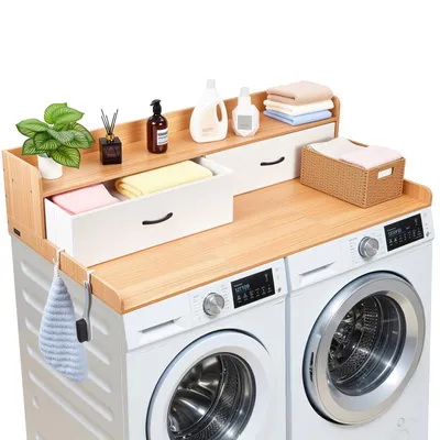Productafbeelding van VEVOR werkblad voor wasmachine en droger (137 x 69,9 cm) met opbergruimte, 2 lades en haken, geschikt voor wasruimte, provisiekelder of keuken, draagvermogen 113 kg, natuurlijke houttint