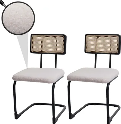 Productafbeelding van Set van 2 schommelstoelen HWC-K88, stoel met rugleuning, hout, riet, metaal, bouclé stof/textiel, wit