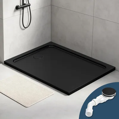 Obrázek produktu pro Sprchová vanička Eikuavons, akryl, rozměry 120x90 cm, matná černá barva, plochý design, odtok s filtrem na vlasy