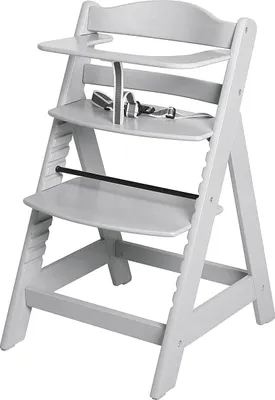 A light gray wooden high chair with a safety harness and tray.