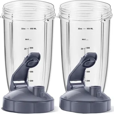 Obrázek produktu pro Nástavec na mixovací nádoby - 2-dílný - náhradní nádoba vhodná pro mixéry Nutribullet - 2 x 946 ml nádoby s 2 x odklopnými víčky - příslušenství k mixéru, kompatibilní s mixéry NutriBullet 600 W/900 W - přídavné gumové těsnění