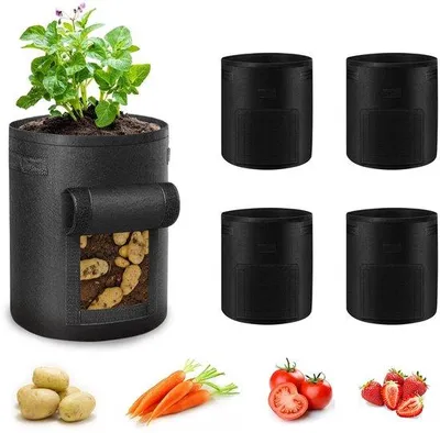 Produktbild von Unyqoos® 5er-Set große Filz-Pflanzsäcke 56 L mit Tragegriffen & Sichtfenster – atmungsaktive Pflanztaschen für Gemüse, Kartoffeln, Tomaten