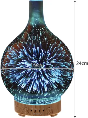 A decorative glass diffuser with a wooden base, displaying dimensions.