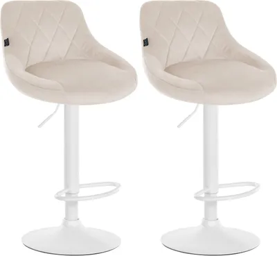 Two cream-colored bar stools with white bases and stems, shown against a white background.
