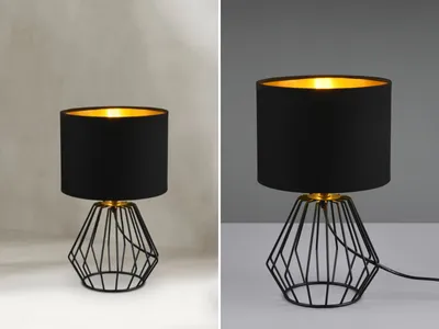 Produktbild von LED Tischleuchte Vintage Look Metall Gitterlampe Schwarz Gold Stoffschirm Ø20cm