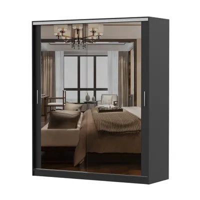 Image de Armoire à portes coulissantes TOKYO M, chambre à coucher, armoire 180 cm  Noir/noir avec miroir, poignées en PVC couleur aluminium