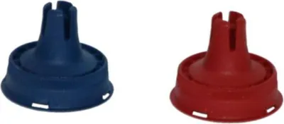 Two plastic parts, one blue and one red, are shown against a white background.