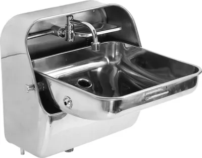 Produktbild von Wandmontiertes Klappwaschbecken 304 Edelstahl, 370x375x331mm, mit Wasserhahn & Seifenschale, für Wohnmobil & Boot – platzsparend