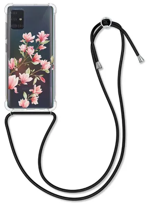 Produktbild von kwmobile Necklace Case kompatibel mit Samsung Galaxy A51 Hülle - Silikon Cover mit Handykette - Rosa Weiß Transparent Magnolien