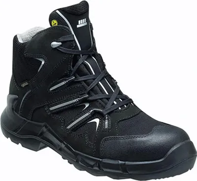 A black high-top work boot with white and gray accents, shown against a white background.