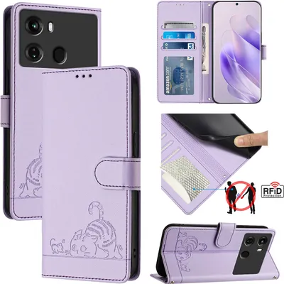 Produktbild von Leder Hülle für itel P40 Süße Katze Flip Case Brieftasche Schutzhülle mit Standfunktion Lila