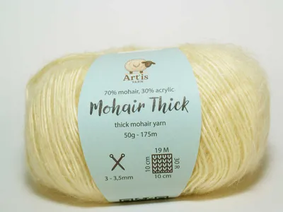 Obrázek produktu pro Mohairová příze "Thick Art'is" – 70 % mohér, 30 %.Polyakryl. Jemná, nadýchaná textura (50 g – 175 m). Barva: světle žlutá