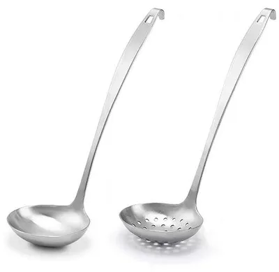 Produktbild von Unyqoos® 2‑teiliges Kochlöffel-Set aus 188 rostfreiem Edelstahl – Schöpf- & Schaumlöffel mit Haken und Aufhängeöse, BPA-frei, ergonomischer Griff