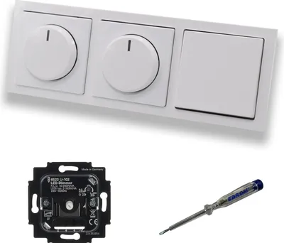 Produktbild von Busch Jäger 6523U-102 (2 x) LED Drehdimmer Dimmer + Dimmerscheiben 6540-84-102 und Lichtschalter 2000/6 US in Future Linear Studioweiß glänzend inklusive EBROM Phasenprüfer zur Montage der Geräte