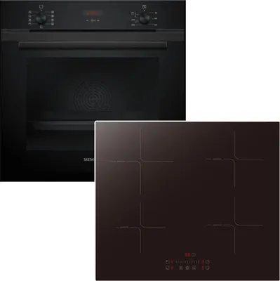A black oven and a black induction hob are shown side-by-side against a white background.