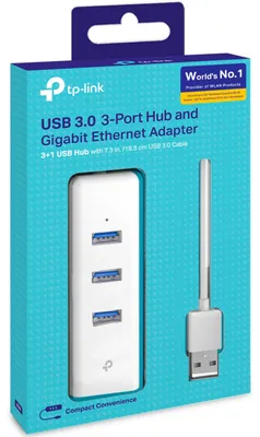 Produktbild von TP-Link 3-Port-USB3.0-Hub & Gigabit-Ethernet-Adapter, Kabelgebunden, USB 3.2 Gen 1 (3.1 Gen 1) Type-A, 10,100,1000 Mbit/s, Weiß, RJ-45, USB 3.2 Gen 1 (3.1 Gen 1) Type-A, USB
