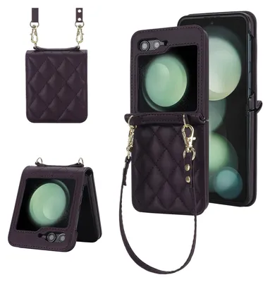 Immagine prodotto di Per Samsung Galaxy Z Flip7 FE / Flip6 5G Design Cover Protettiva Texture Rombo con Cordini Viola Scuro