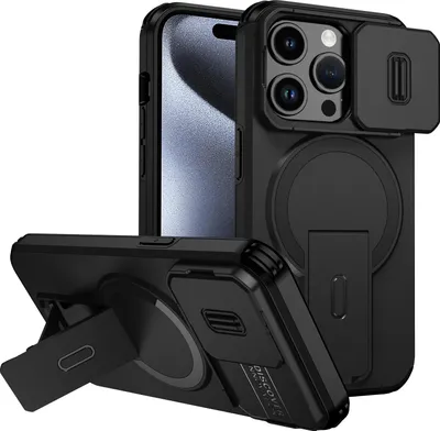 Produktbild von Magnetisch Hülle für iPhone 15 Pro, Dual Layer Stoßfest Handyhülle mit Dia Kameraschutz, Verstellbarem Ständer Schwarz