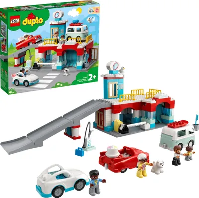 Produktbild von LEGO 10948 DUPLO Parkhaus mit Autowaschanlage mit Spielzeugauto, Wohnmobil und Rennauto, Garagen-Spielzeug inkl. 4 Figuren, für Kleinkinder, Mädchen und Jungen ab 2 Jahre