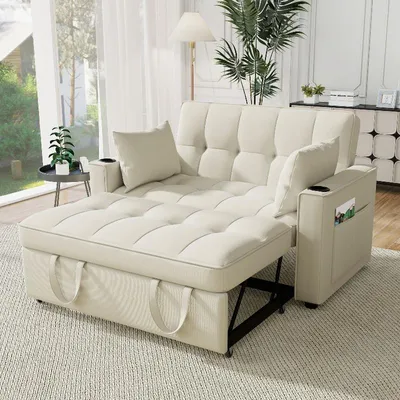 Produktbild von Schlafsofa beige Samt 2 Sitzer Klappsofa, Multifunktionssofa mit Schlaffunktion, verstellbare Rückenlehne und Getränkehalter