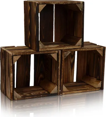Produktbild von CHICCIE 3 Set Holzkiste Geflammt Im Vintage Look 22x20x15 - Holzkisten Weinkisten Obstkisten Regale Kisten
