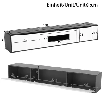 Immagine prodotto di Mobile TV - Mobile TV moderna - 180 x 35 x 30 cm - Finitura lucida - Illuminazione LED a 16 colori - Pannello di particelle di legno - Bianco e nero