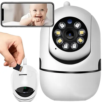 A baby monitor camera and a smartphone displaying a baby's image.