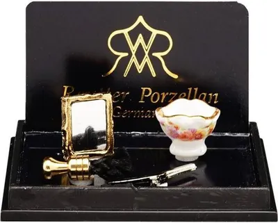 Produktbild von Miniatur Rasierset mit Pinsel, Messer und Schale, Goldrand