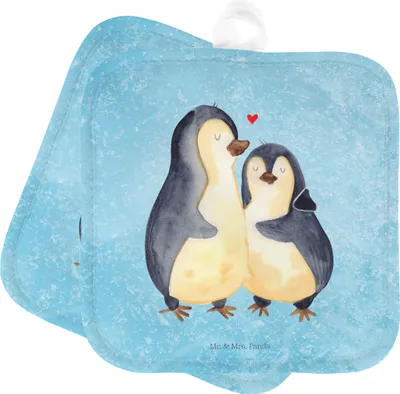 Produktbild von Mr. & Mrs. Panda Topflappen Pinguin umarmen - Eisblau - Geschenk, Hochzeitstag, Verknallt, Ofenlappen, Liebe, Hochzeitsgeschenk, Umarmung Verliebt, Topfuntersetzer, Set
