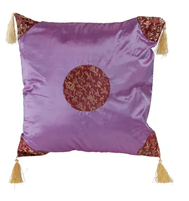 Imagen del producto de Almohada asiática de estilo chino con borlas, diseño "Buena Fortuna" en caligrafía, color púrpura, 45x45 cm, de algodón, estilo japonés y oriental
