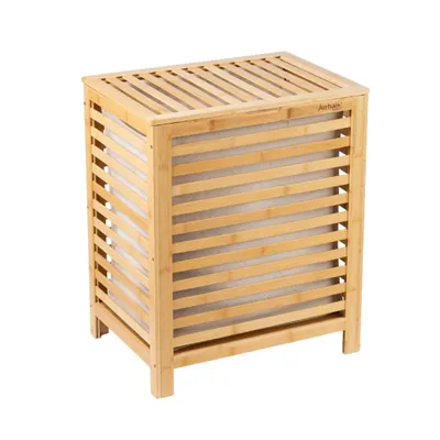 A bamboo laundry basket on a white background.