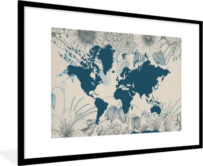 Produktbild von MuchoWow® MuchoWow® Gerahmtes Poster Weltkarte - Blau - Blumen 90x60 cm - Poster mit zchwarzem Bilderrahmen - Wanddekoration - Fotos