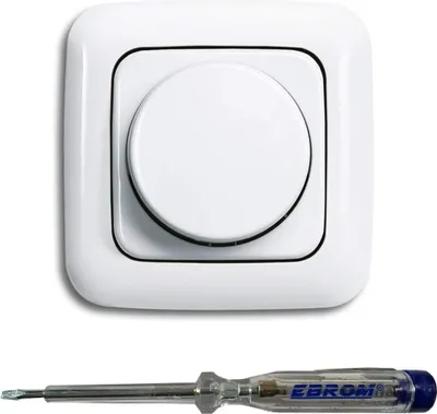 Produktbild von Busch Jäger 6523U-102 LED-Drehdimmer LED-Dimmer mit Dimmerscheibe Zentralplatte 2115-214 und Einfachrahmen in Reflex Si alpinweiß glänzend inklusive EBROM Phasenprüfer zur Montage des Dimmers
