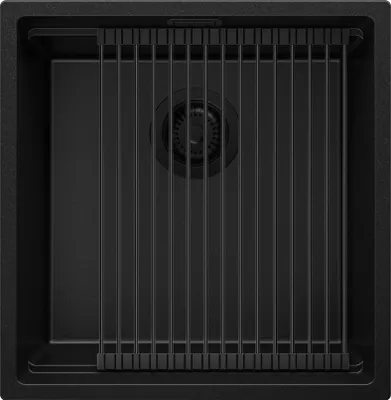 Produktbild von PRIMAGRAN Spülbecken Alles Schwarz 46x47cm, Granitspüle 1 Becken + Ablauf-Set + Aufrollbare Abtropffläche, Küchenspüle ab 50er Unterschrank - Praga Slim