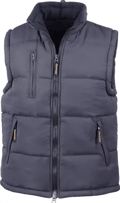 A studio shot of a navy blue puffer vest.