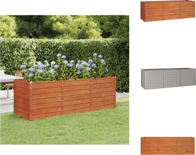 A wooden planter box filled with blue hydrangeas sits on a green lawn, with a hedge in the background. To the right are images of a wooden planter box and a gray metal planter box.