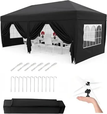 Immagine prodotto di Tenda da giardino 3 x 6 metri - Tenda pop-up per feste - Tessuto Oxford 420D impermeabile - Protezione UV 50+ - 6 pareti laterali - Altezza regolabile in 3 posizioni - Colore: nero