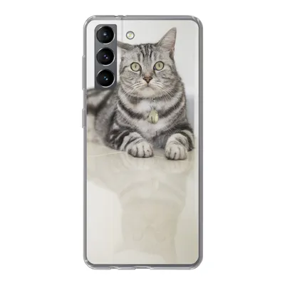 Produktbild von MuchoWow® Handyhülle Schutzhülle Hülle für Samsung Galaxy S21 Katze - Grau - Tier - Mädchen - Kinder - Jungen - Kind Silikon Softcase Handy Hülle - Softcase