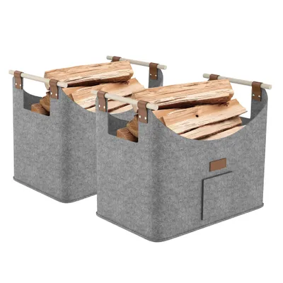 Image de JOIEYOU 2X Sac en feutre pour le bois de chauffage Pliable avec feutre extra-épais et poignée en bois renforcée Panier en feutre pour le bois Sac à provisions pour le bois Journaux, Gris moyen