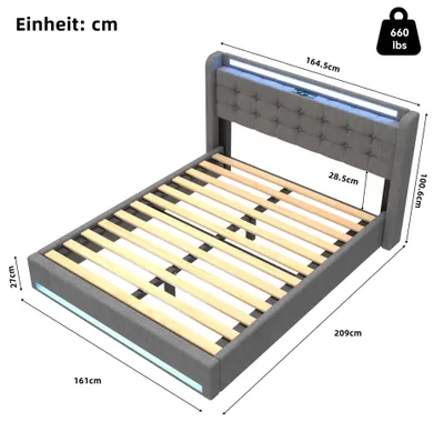 Imagen del producto de Cama tapizada para dos personas con espacio de almacenamiento, sistema de elevación hidráulico e iluminación LED