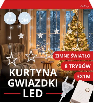 Zdjęcie produktu dla Świąteczna Kurtyna Led 3M 120 Lampek Gwiazdki Zimne Światełka Okno Wewnątrz