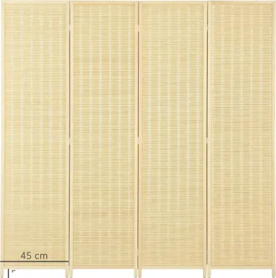 Obrázek produktu pro Paraván, 4panelový design, přírodní bambusová a bavlněná konstrukce, přírodní dřevo, 180 x 180 cm