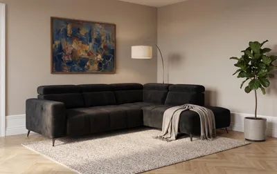 Produktbild von Modernes Ecksofa Velvet schwarz mit elektrischer Relaxfunktion | Verstellbare Kopfstützen | Edles Design