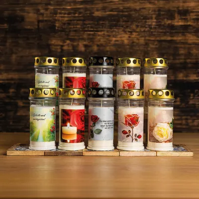 Produktbild von LV Verde Grabkerzen mit Rosenmotiv 10er Set – 4 Tage Brenndauer, wetterfestes Grablicht mit Deckel für Grab & Friedhof