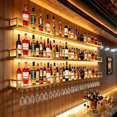 Produktbild von Wandweinregal aus Metall, 3 Ebenen, Wandmontage, mit Glashalter – Modernes, schwebendes Weinregal zur platzsparenden Aufbewahrung, ideal für Hausbar, Küche und Esszimmer (Gold, 160CM)