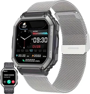 Produktbild von Herren Smartwatch mit Telefonfunktion, AMOLED 5ATM wasserdichte Fitness Taschenlampe Schrittzähler, Herzfrequenz, SpO2, Sportuhr, Aktivitätstracker