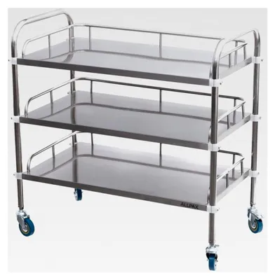 Produktbild von Edelstahl-Laborwagen mit 3 Ablagen und Lenkrollen, 800 x 480 x 860 mm, Tragfähigkeit ca. 135 kg - Abräumwagen, Servierwagen, Transportwagen