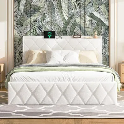 Produktbild von Zubaliya Doppelpolsterbett - 140x200 cm Weiß - Plüschstoff - 6 Schubladen