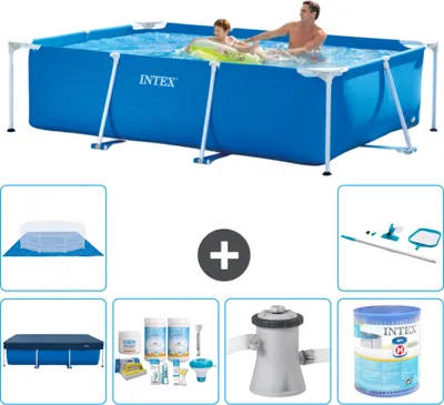Produktbild von Intex-Schwimmbecken mit rechteckigem Rahmen – 260 x 160 x 65 cm – Blau – im Lieferumfang enthalten Abdeckung - Wartungspaket - Filterpumpe für Schwimmbad - Filter - Bodenplane - Reinigungskit