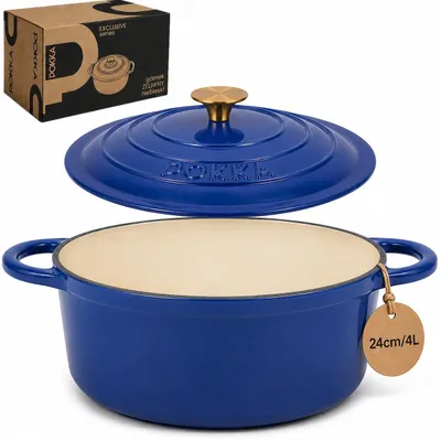 Obrázek produktu pro Smaltovaný litinový hrnec s poklicí, 24 cm, 4 litry, značka POKKA, vhodný pro indukční vařiče, barva: modrá